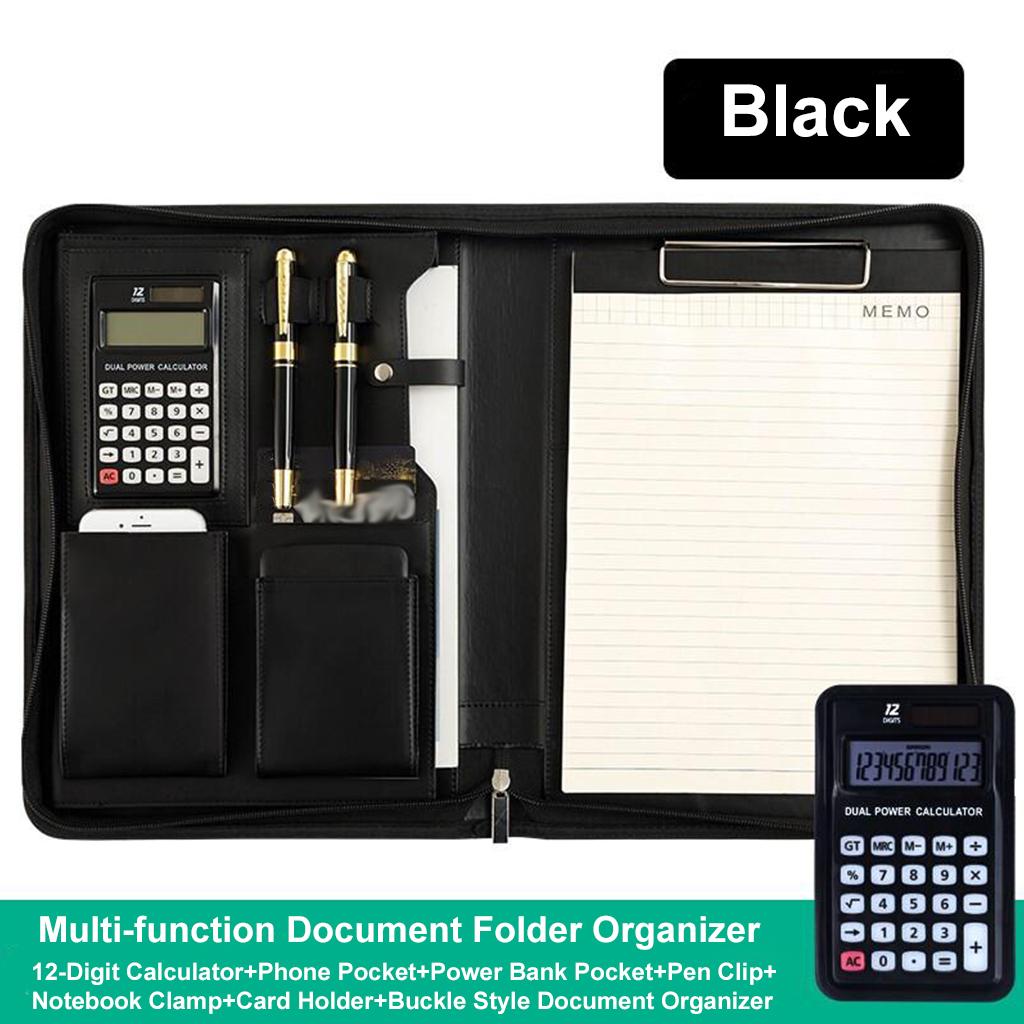 Zippered PU Leather Portfolio Organizer Business Document Folder Bag Black B