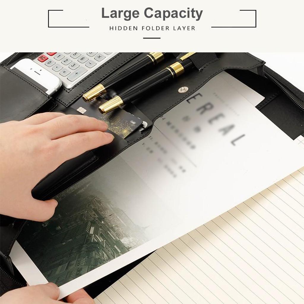 Zippered PU Leather Portfolio Organizer Business Document Folder Bag Black B