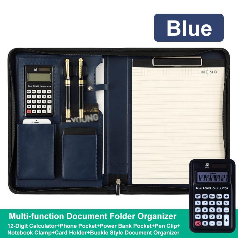 Zippered PU Leather Portfolio Organizer Business Document Folder Bag Blue F