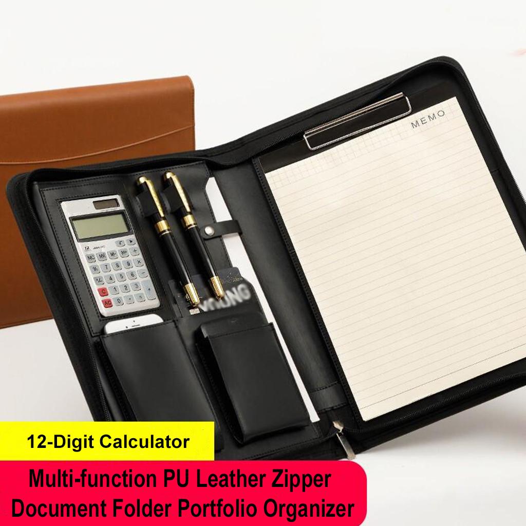 Zippered PU Leather Portfolio Organizer Business Document Folder Bag Black A