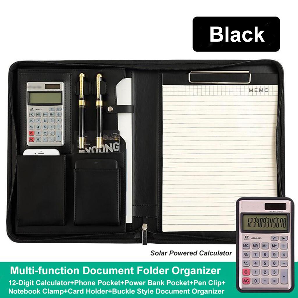 Zippered PU Leather Portfolio Organizer Business Document Folder Bag Black A