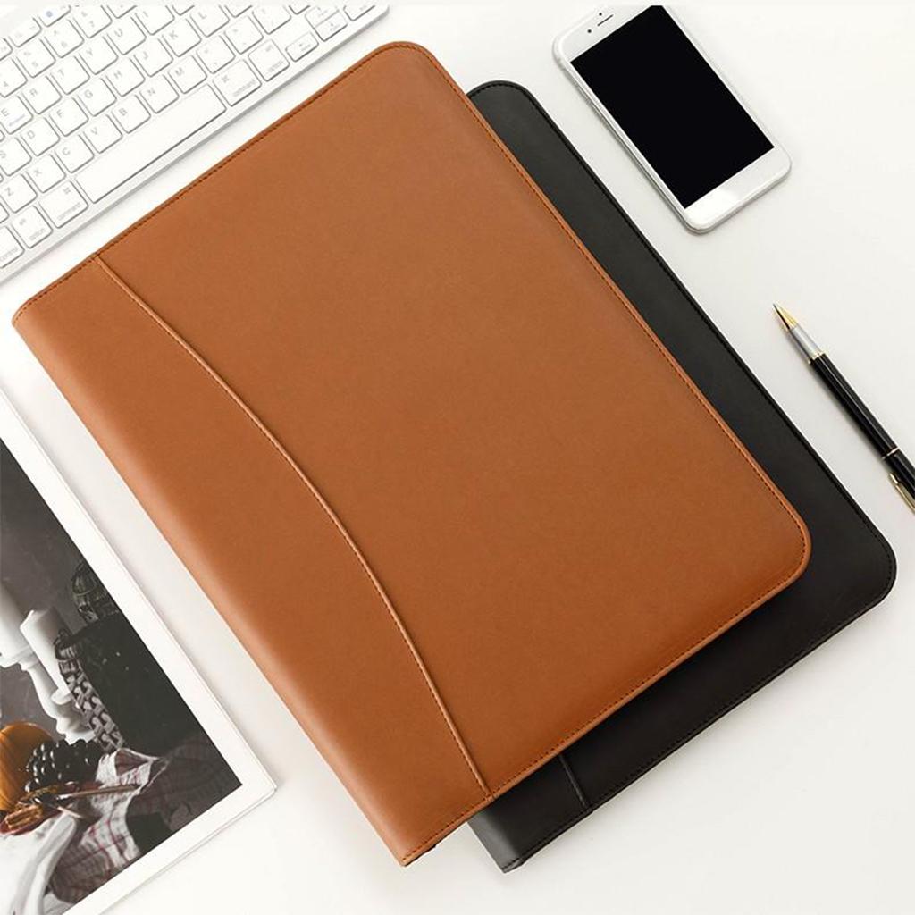 Zippered PU Leather Portfolio Organizer Business Document Folder Bag Blue E