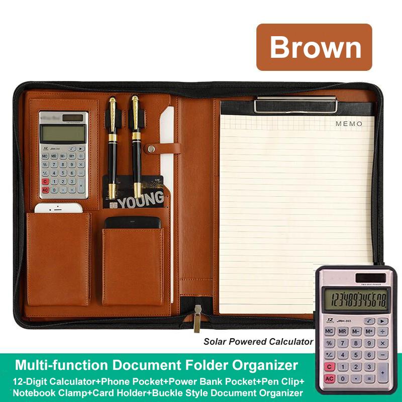 Zippered PU Leather Portfolio Organizer Business Document Folder Bag Brown C