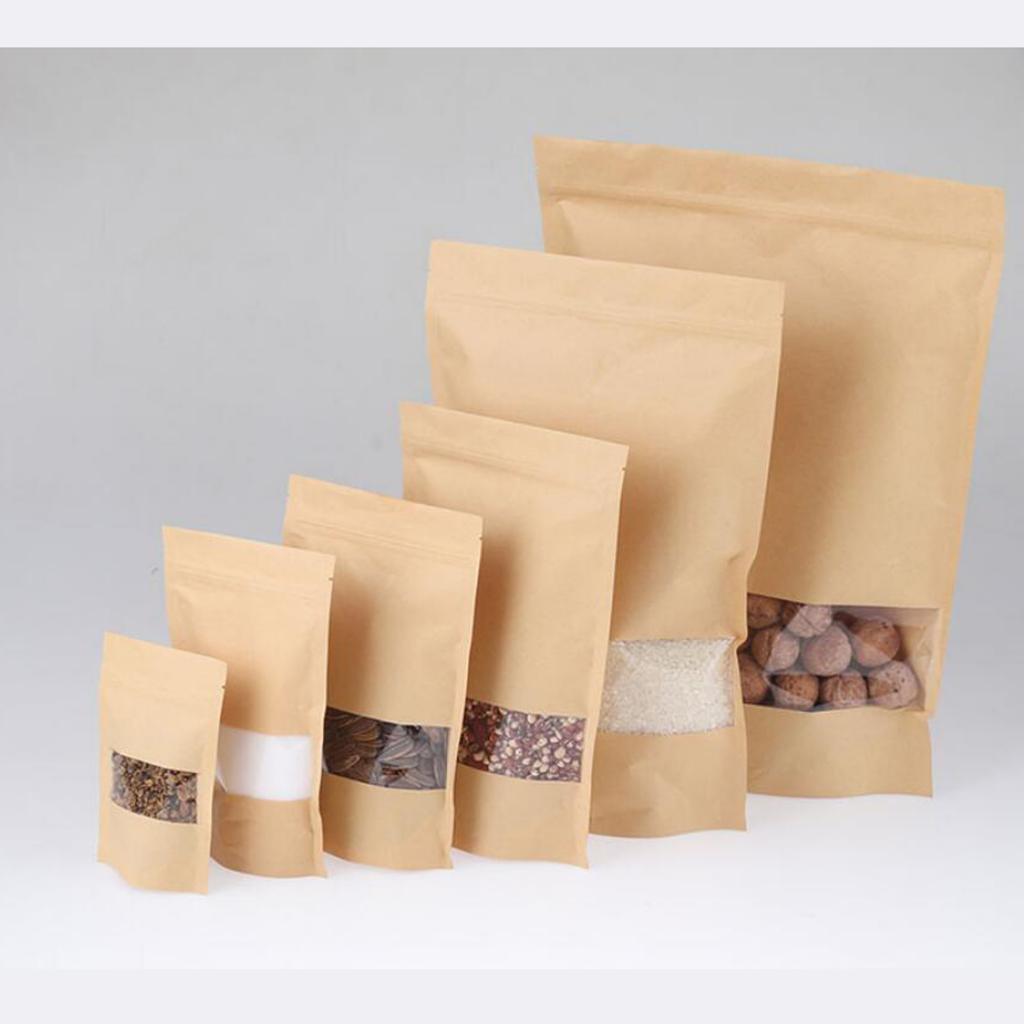 Resealable Stand Up Kraft Paper for Food Seal with Clear Window 10x15+3cm