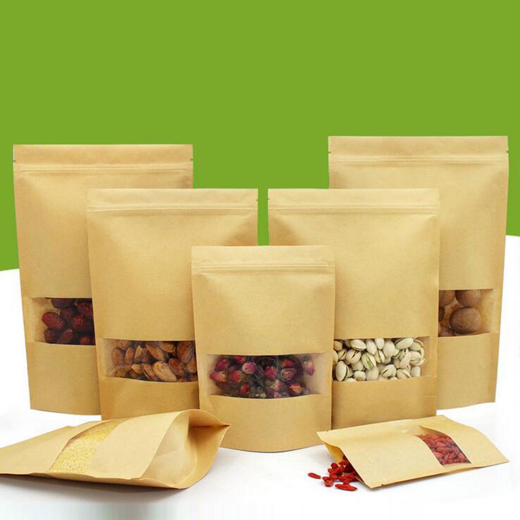 Resealable Stand Up Kraft Paper for Food Seal with Clear Window 16x22+4cm