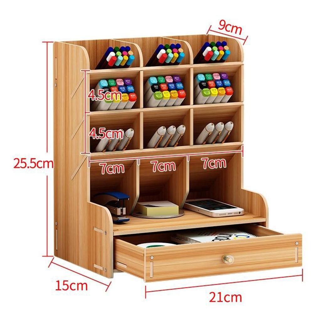 Office Desk Drawer Organizer Wooden Pen Holder Stationary Rack Cherry Wood