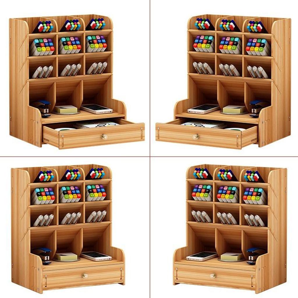 Office Desk Drawer Organizer Wooden Pen Holder Stationary Rack Cherry Wood