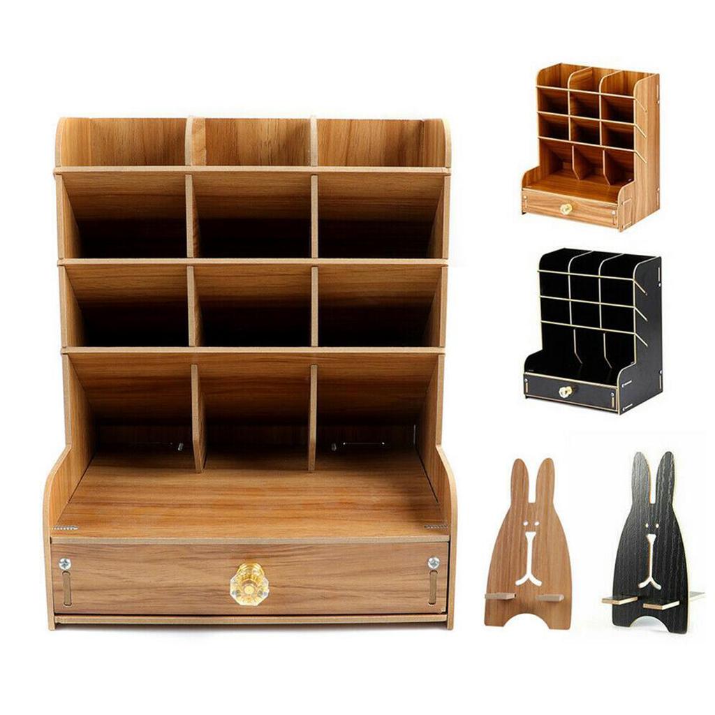 Office Desk Drawer Organizer Wooden Pen Holder Stationary Rack Cherry Wood
