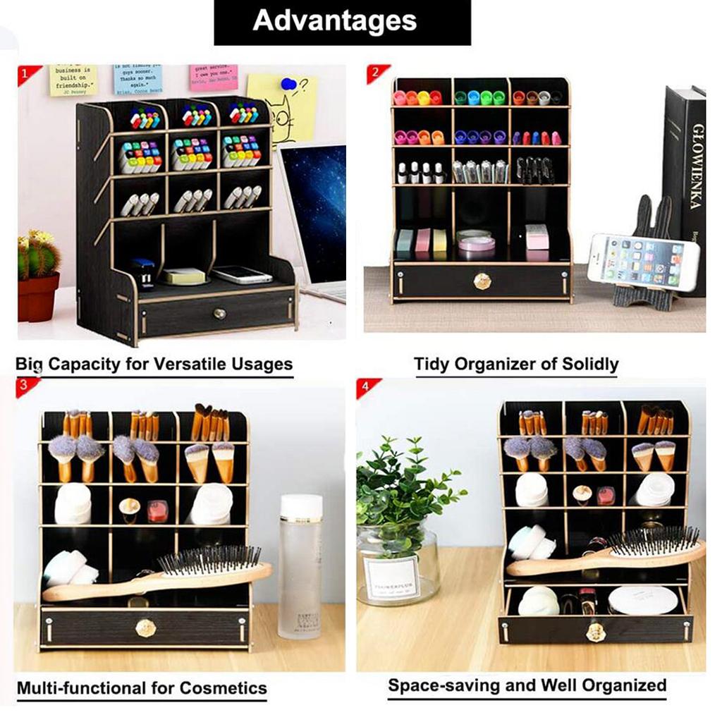 Office Desk Drawer Organizer Wooden Pen Holder Stationary Rack Black