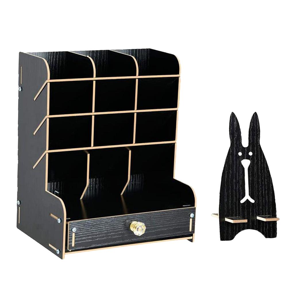 Office Desk Drawer Organizer Wooden Pen Holder Stationary Rack Black