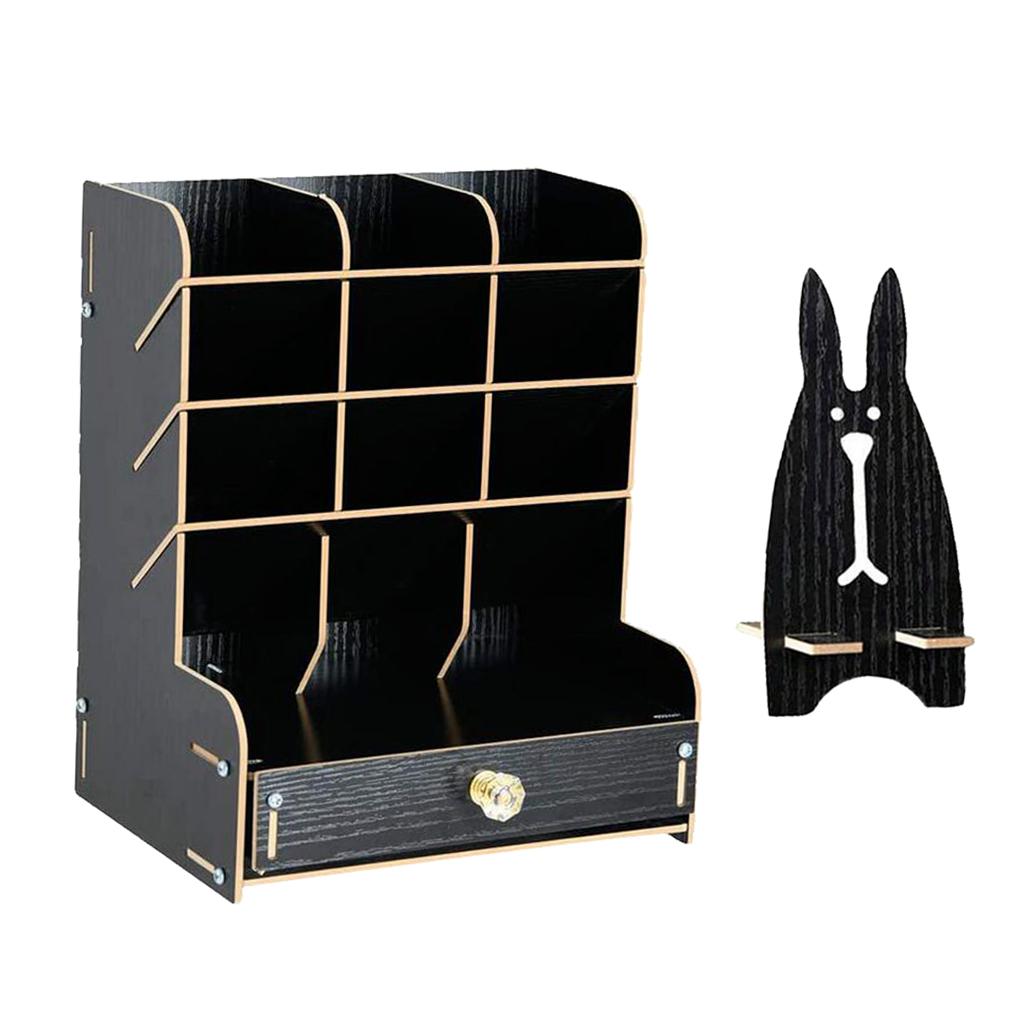 Office Desk Drawer Organizer Wooden Pen Holder Stationary Rack Black