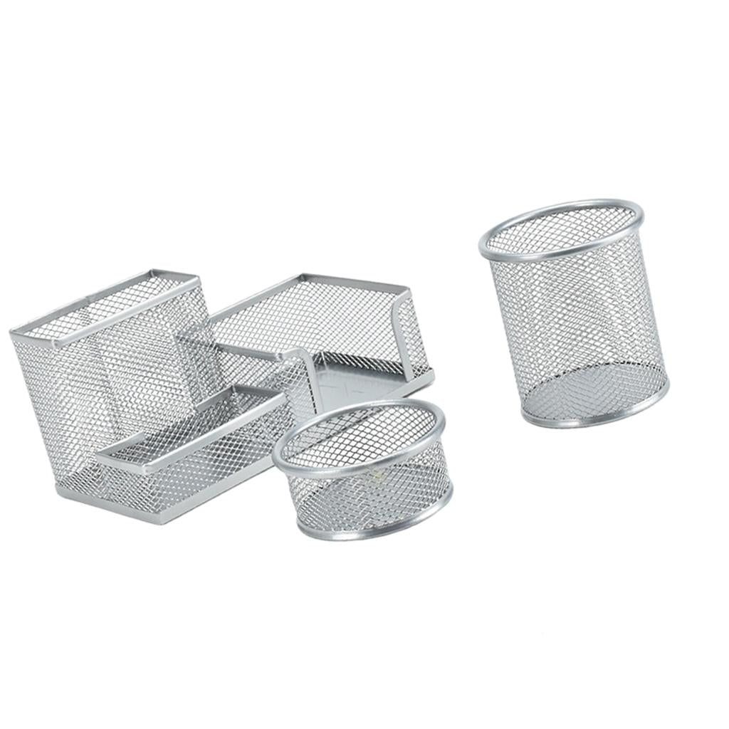 Office Metal Mesh Desk Organizer Pen Holder Sundries Container Home Supplies Silver