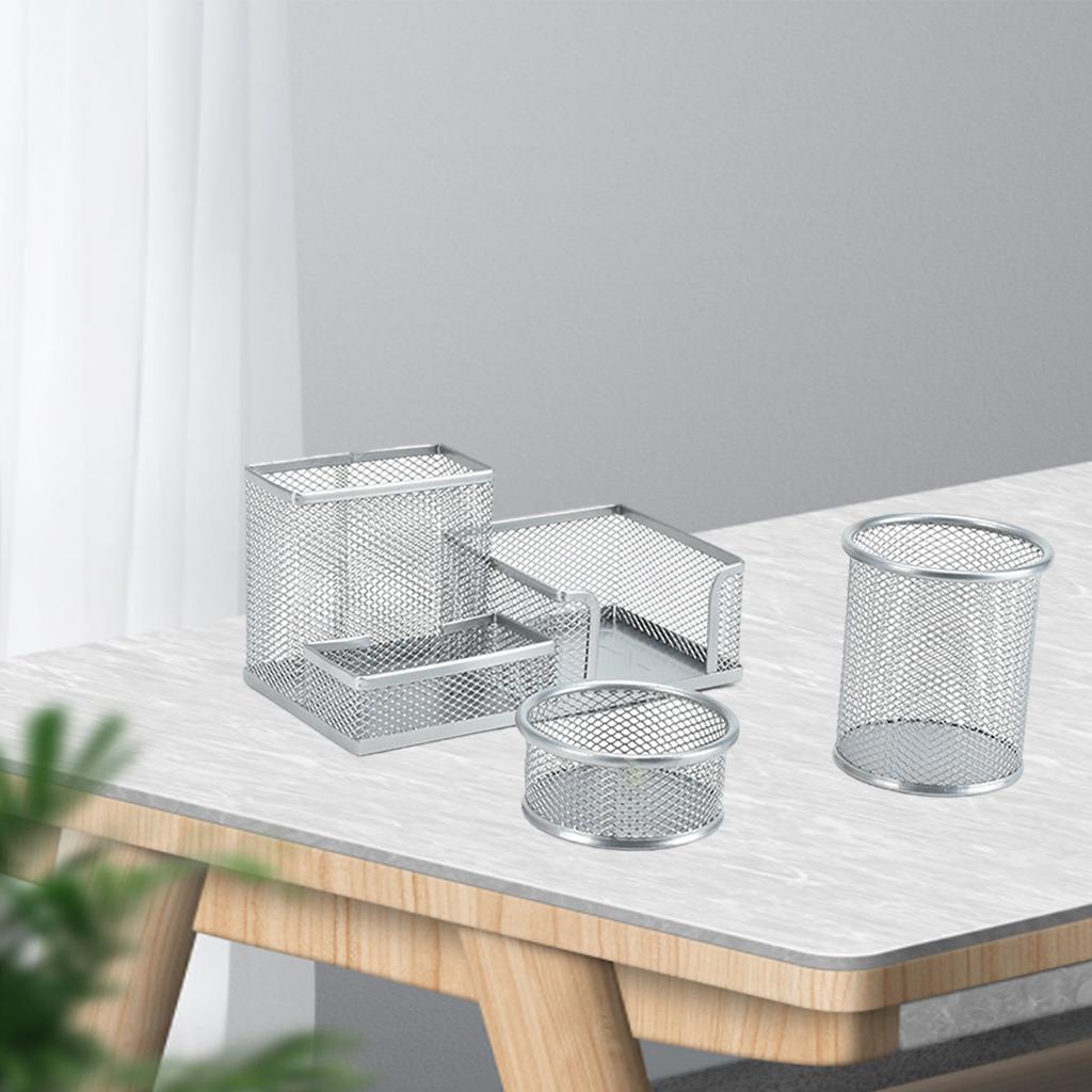 Office Metal Mesh Desk Organizer Pen Holder Sundries Container Home Supplies Silver
