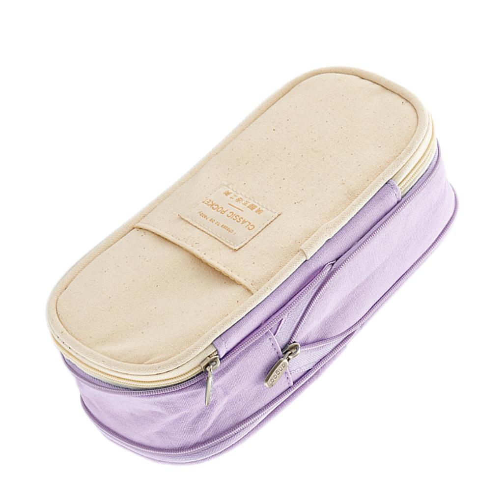 Classic Pocket Pen Pencil Case Stationery Bag for Students Purple Beige