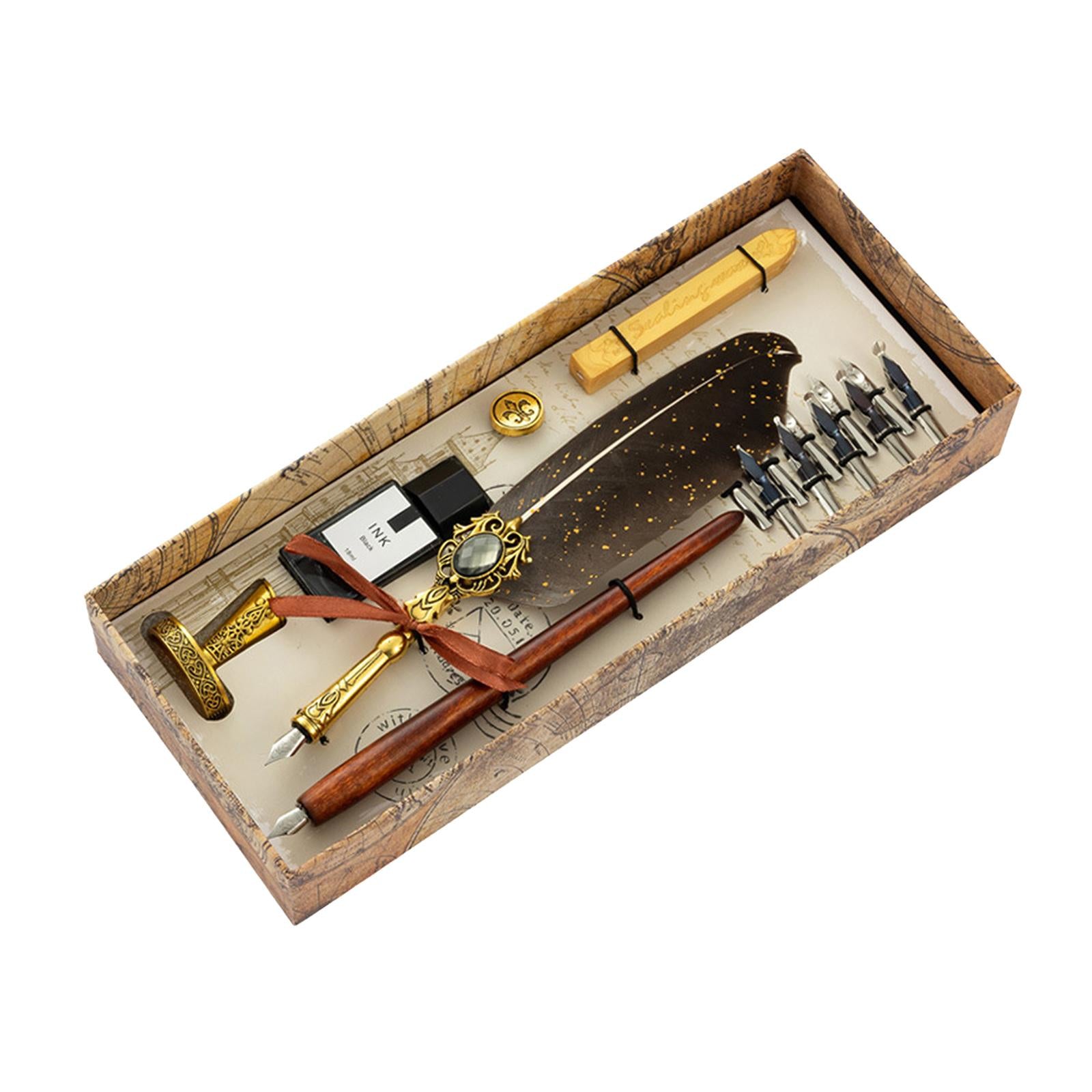 Dip Feather Pen Set Quill Pen for Antique Calligraphy Golden Gray