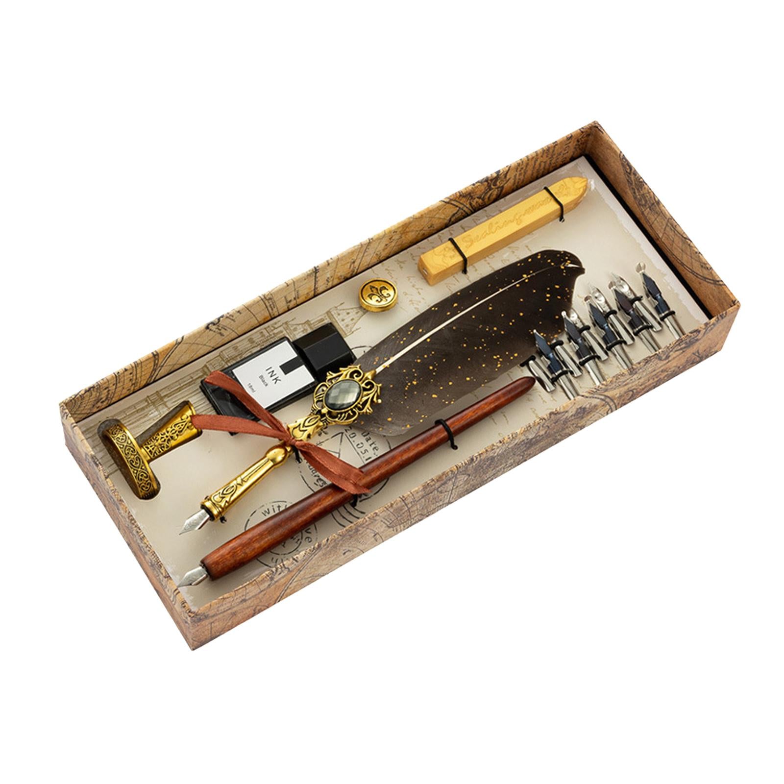 Dip Feather Pen Set Quill Pen for Antique Calligraphy Golden Gray