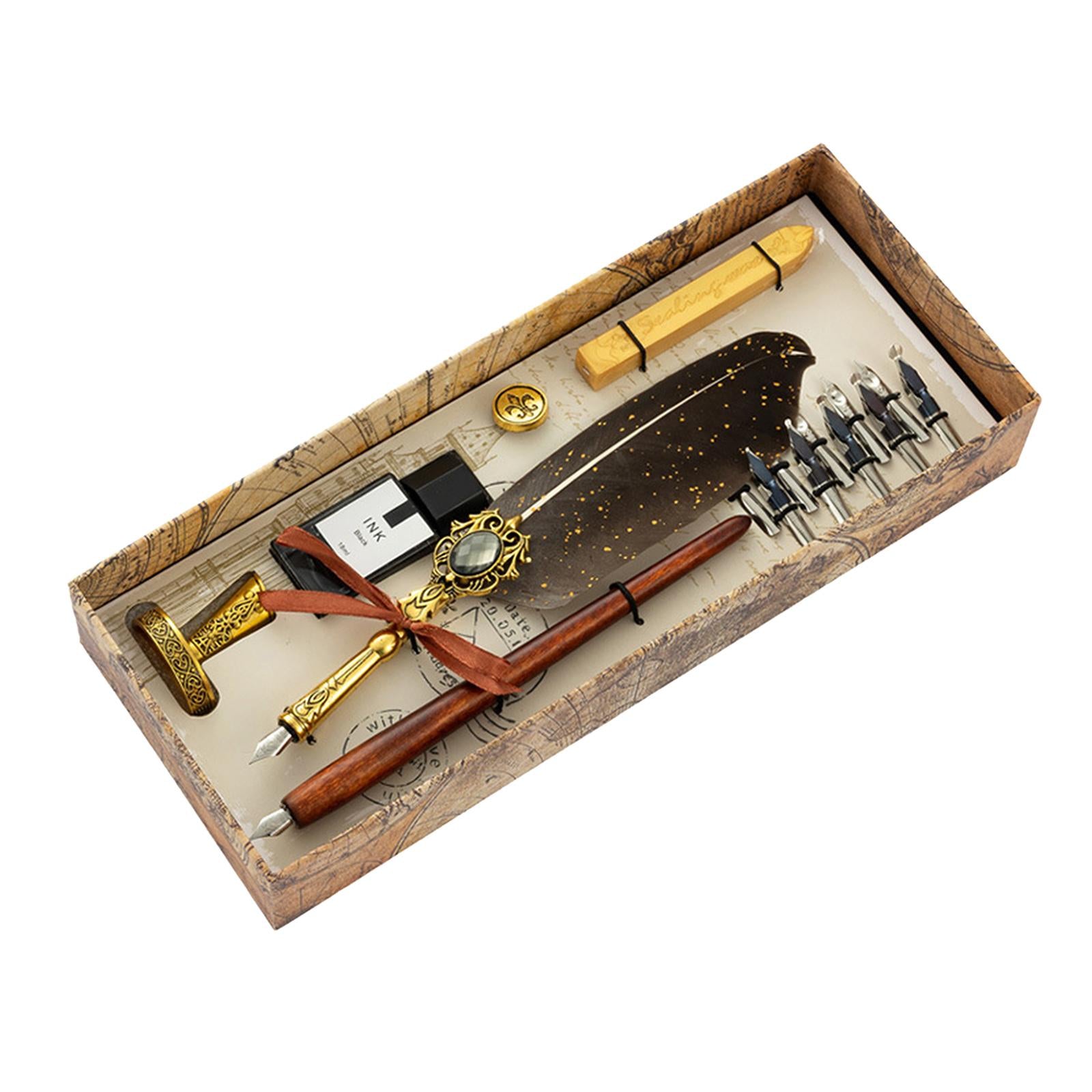 Dip Feather Pen Set Quill Pen for Antique Calligraphy Golden Gray