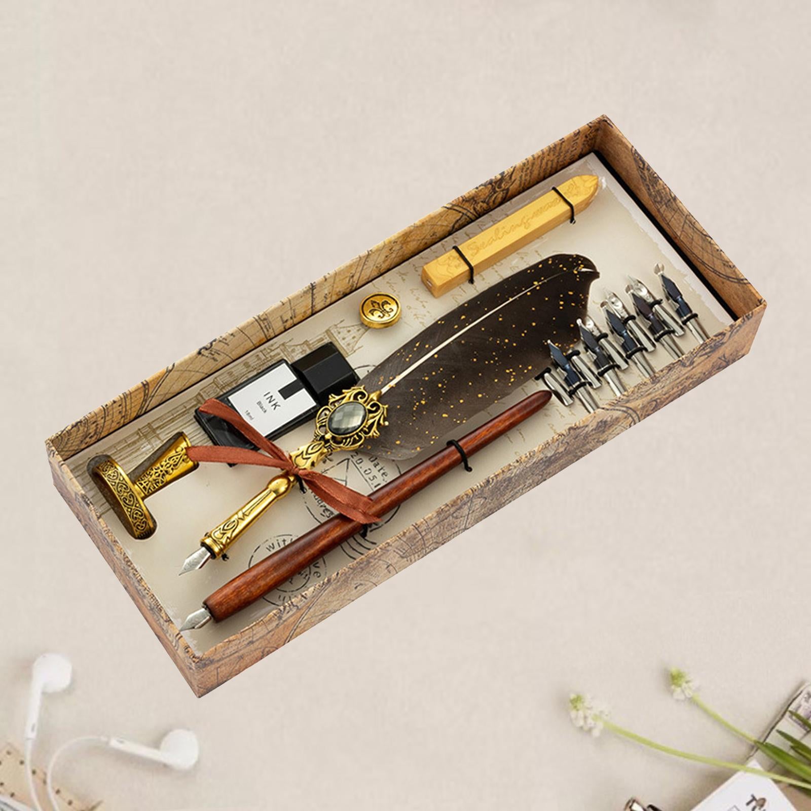 Dip Feather Pen Set Quill Pen for Antique Calligraphy Golden Gray