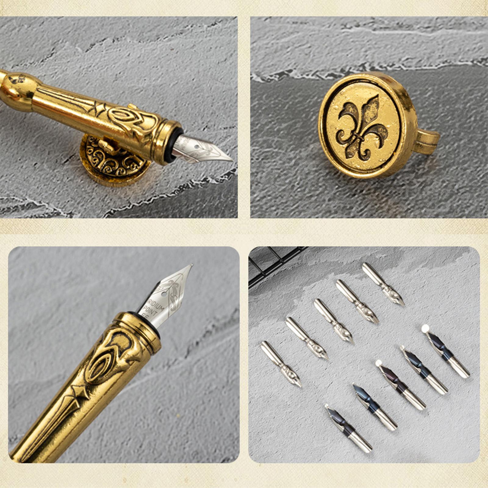 Dip Feather Pen Set Quill Pen for Antique Calligraphy Golden Gray