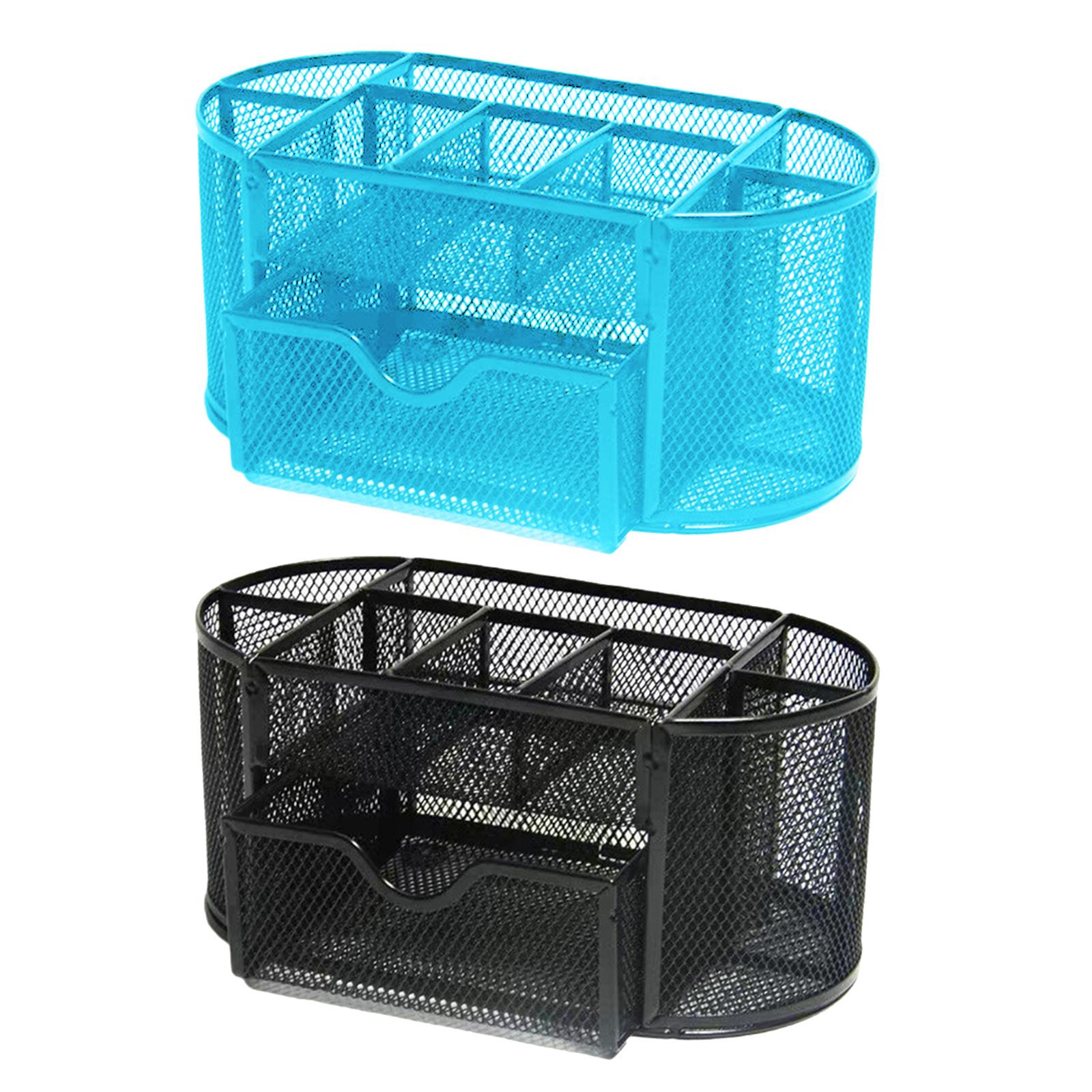 Metal Mesh Desk Organizer Set Desktop Supply Pen Holder Hutch Storage Table Blue