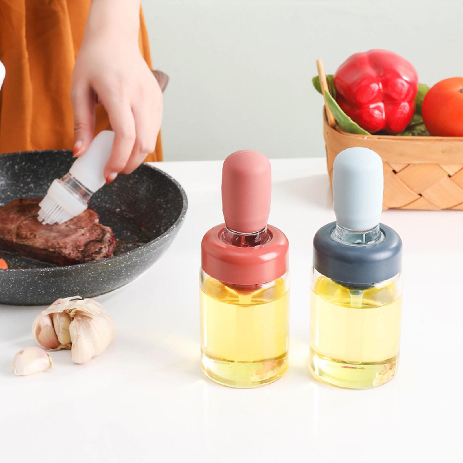 Oil Bottle with Silicone Brush Oil Container for Cooking Baking White