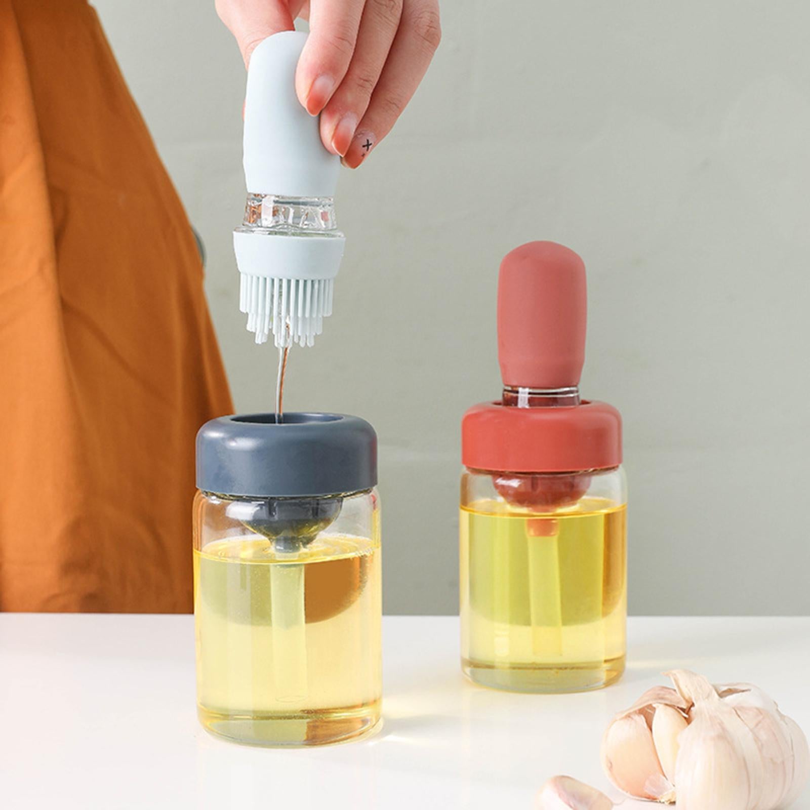 Oil Bottle with Silicone Brush Oil Container for Cooking Baking White