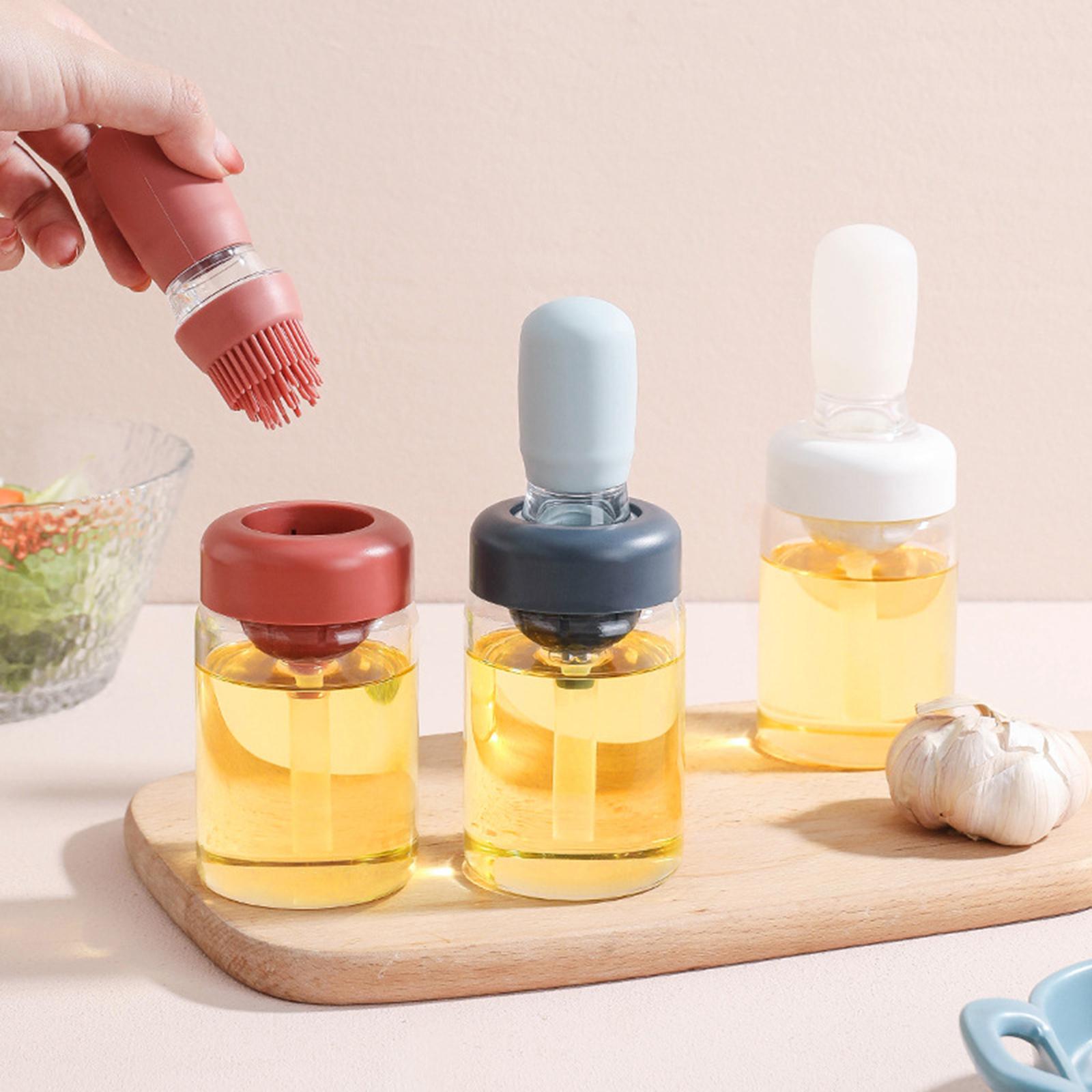 Oil Bottle with Silicone Brush Oil Container for Cooking Baking White
