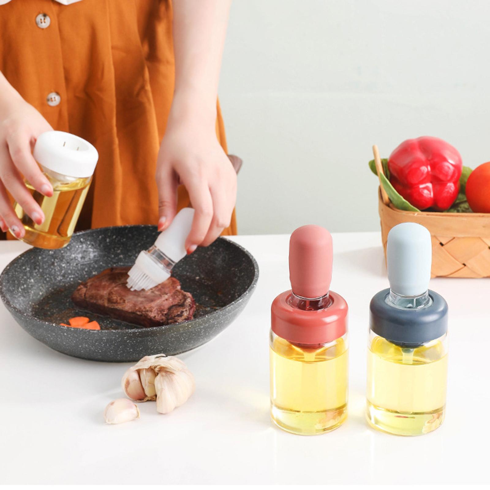 Oil Bottle with Silicone Brush Oil Container for Cooking Baking White