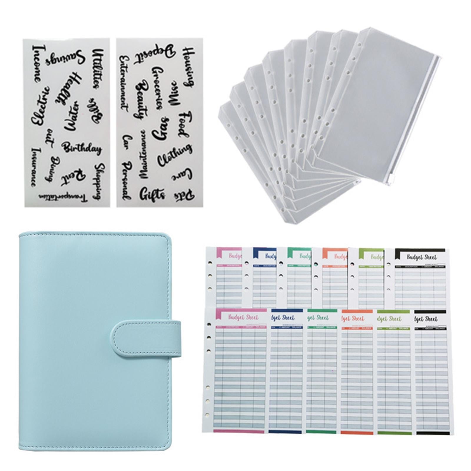 PU Leather A6 Notebook Binder Budget Binder 8 Binder Pockets for Cash Bills Light Blue
