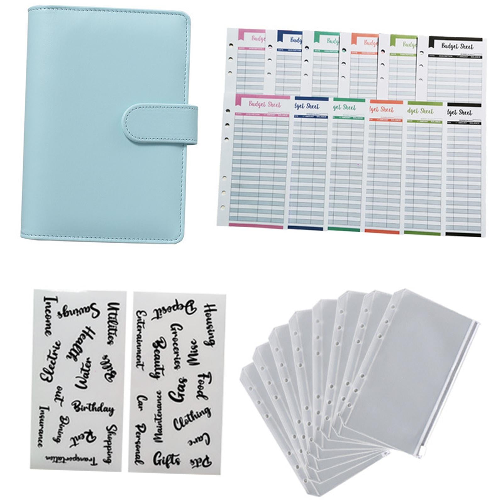 PU Leather A6 Notebook Binder Budget Binder 8 Binder Pockets for Cash Bills Light Blue