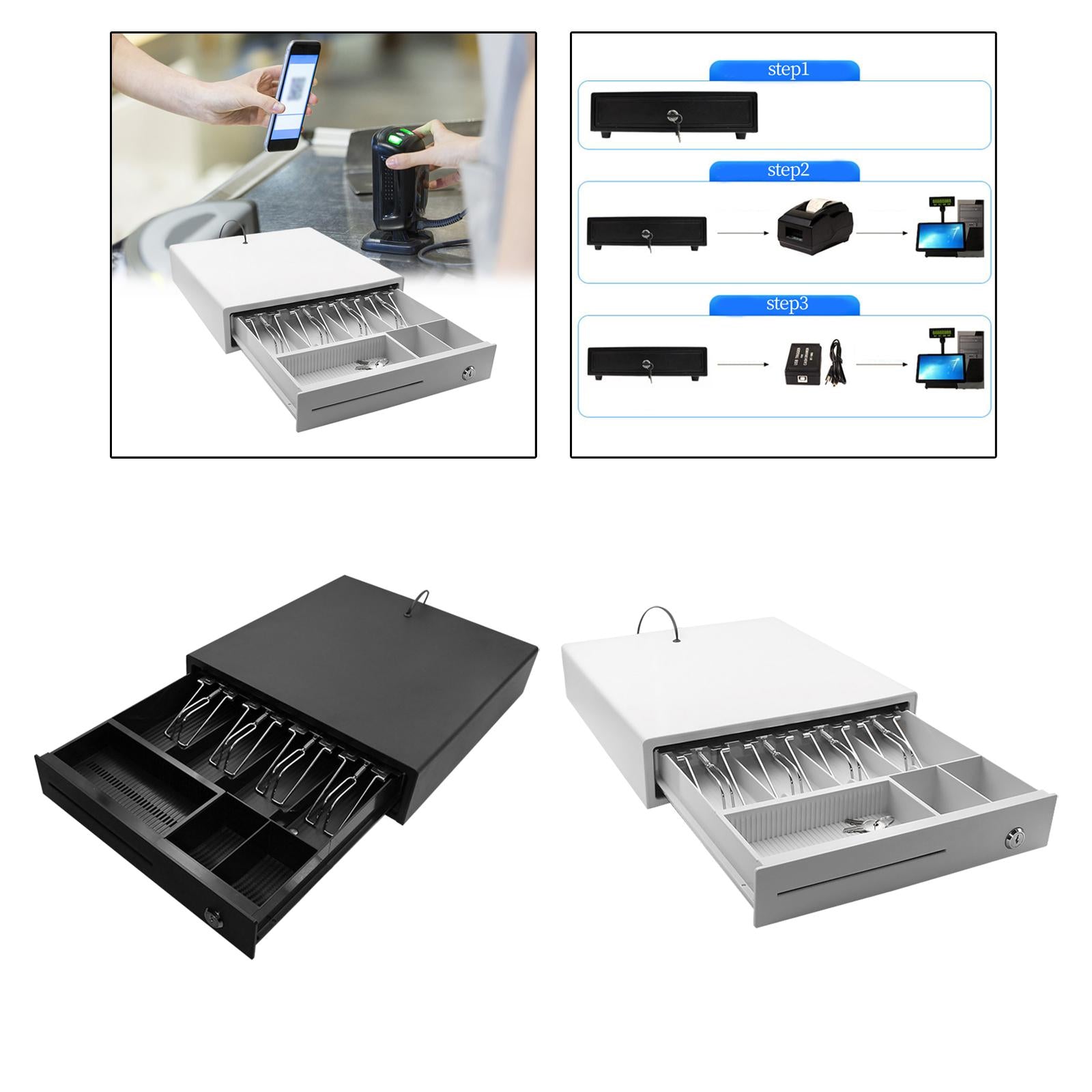 Cash Drawer Box Cash Drawer Tray RJ11 Key Lock for Stores Shops Black