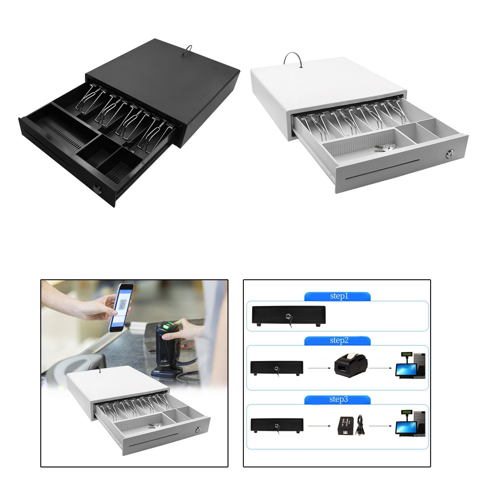 Cash Drawer Box Cash Drawer Tray RJ11 Key Lock for Stores Shops Black