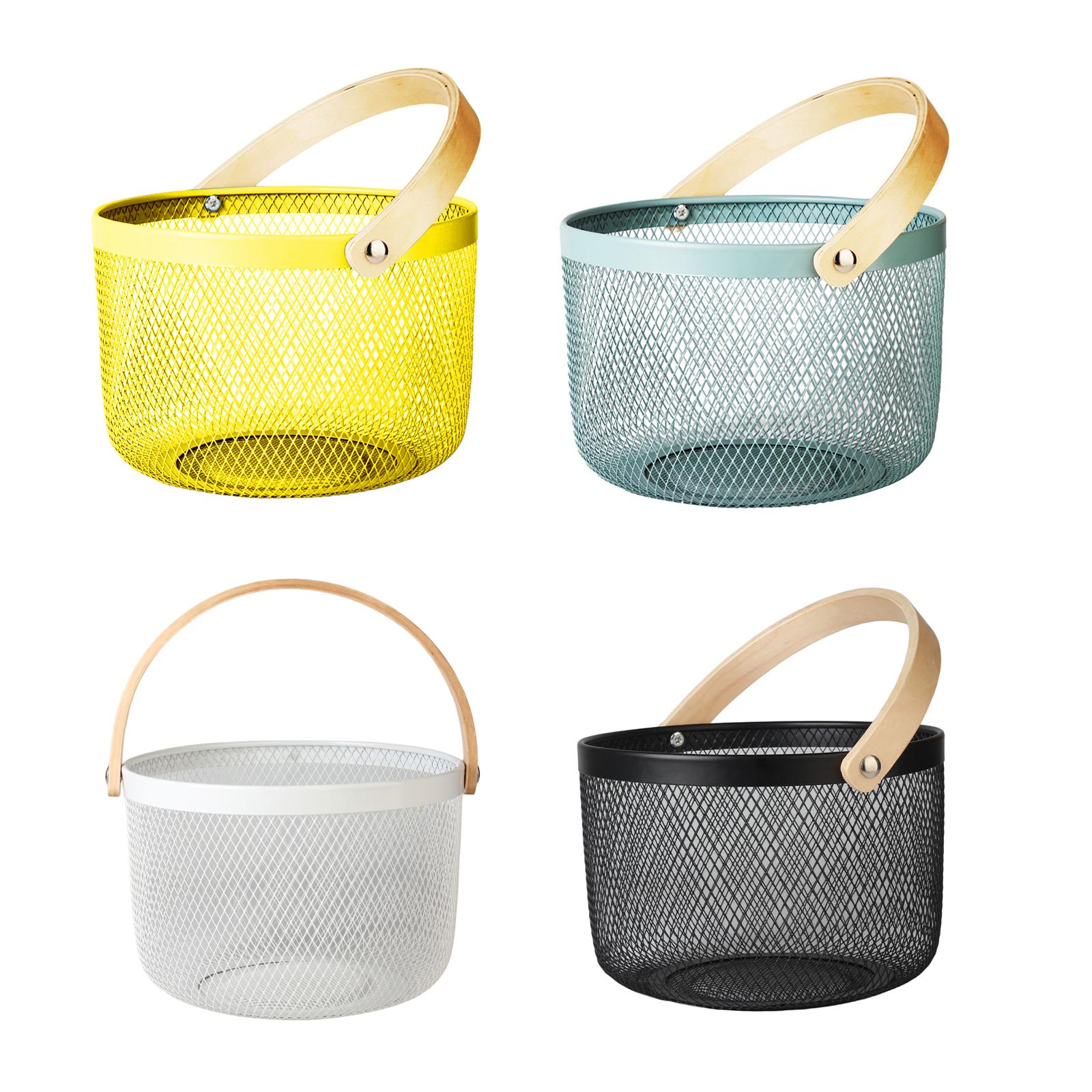 Iron Kitchen Storage Basket with Bamboo Handle for Shopping Entryway Office Yellow
