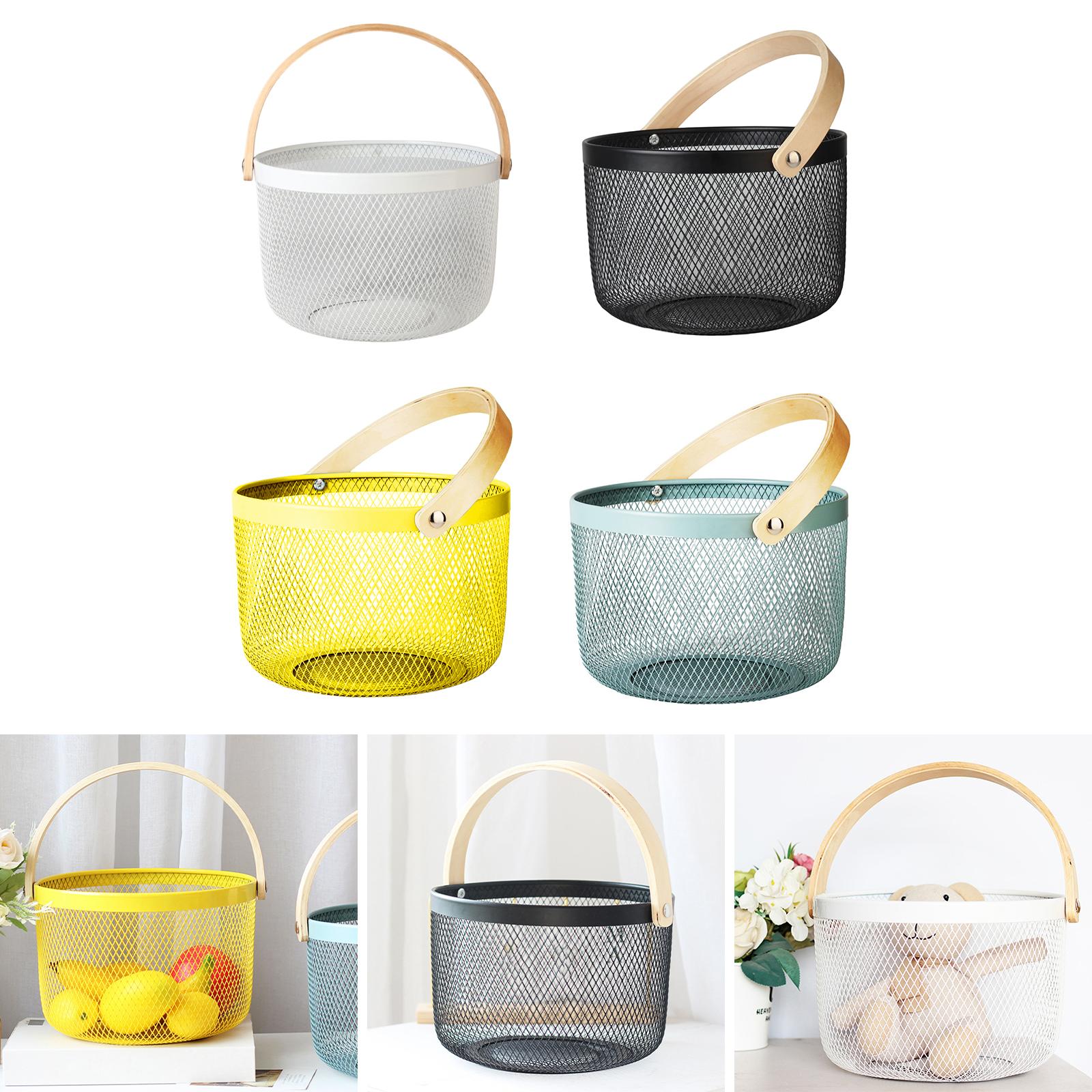 Iron Kitchen Storage Basket with Bamboo Handle for Shopping Entryway Office Yellow