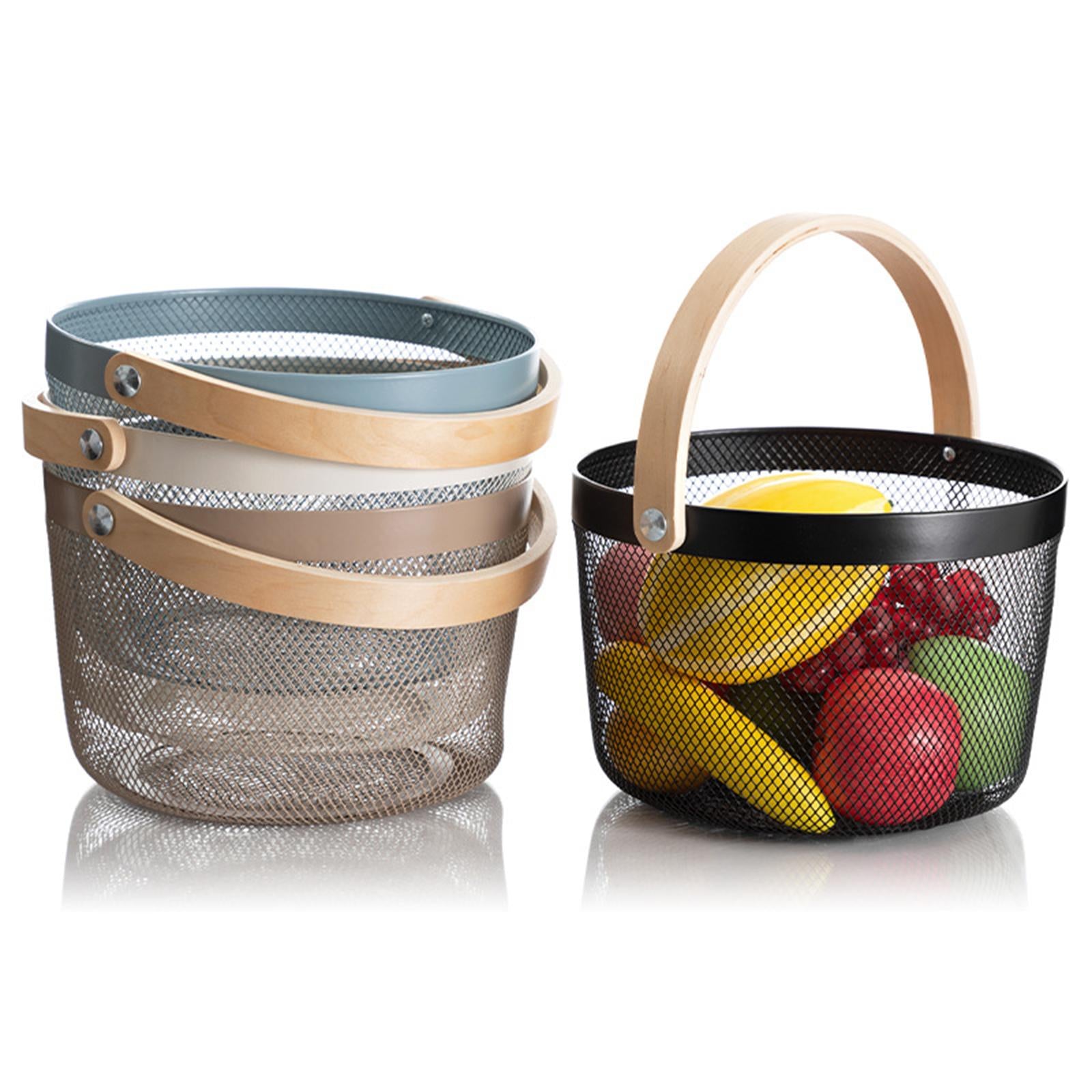 Iron Kitchen Storage Basket with Bamboo Handle for Shopping Entryway Office Yellow