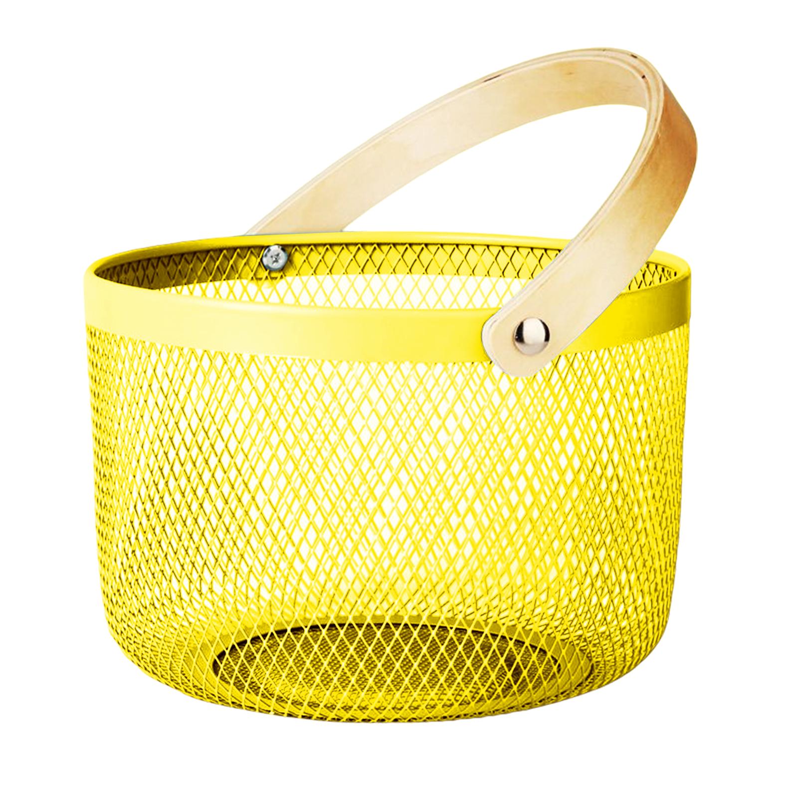 Iron Kitchen Storage Basket with Bamboo Handle for Shopping Entryway Office Yellow
