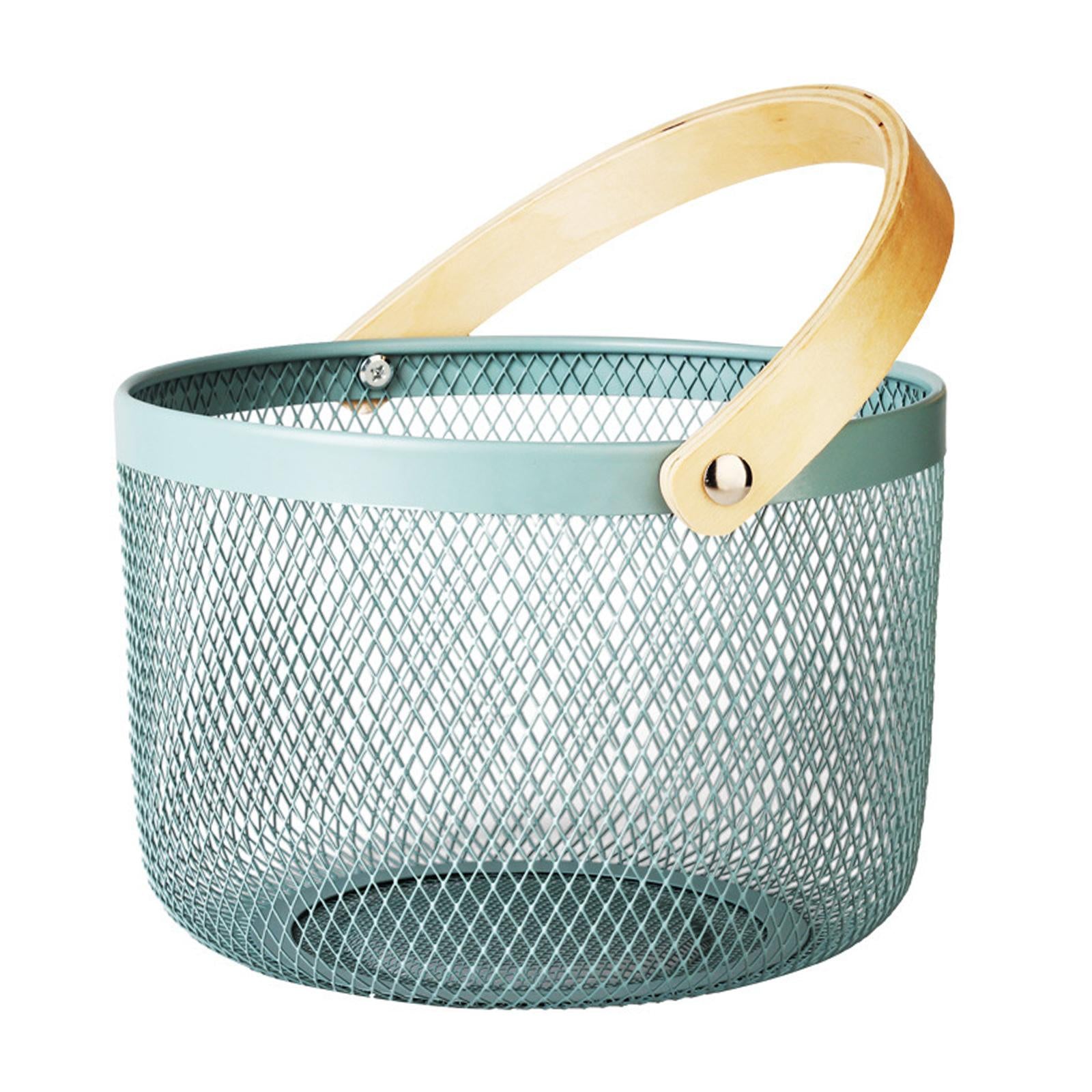 Iron Kitchen Storage Basket with Bamboo Handle for Shopping Entryway Office Gray Blue