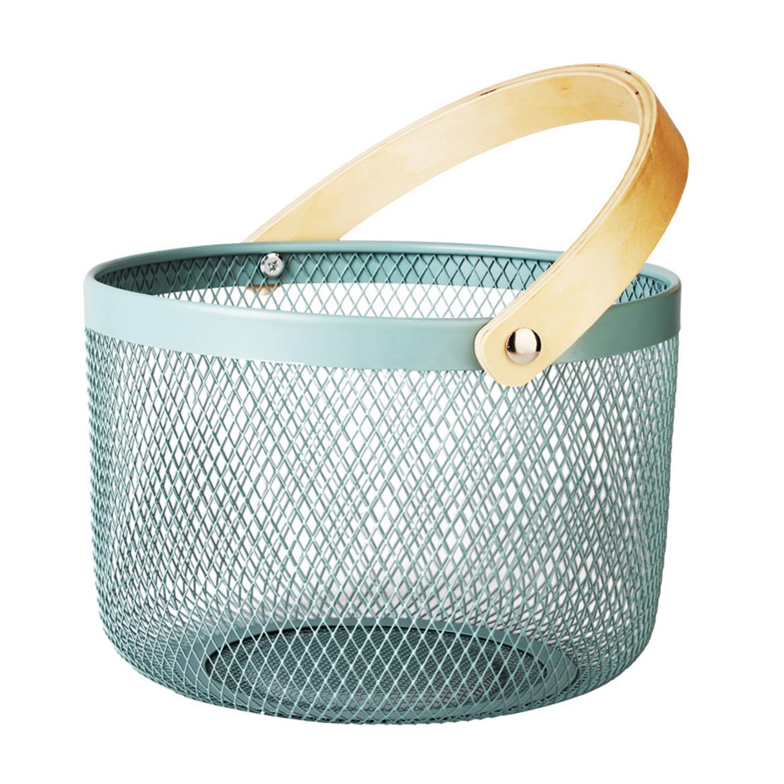 Iron Kitchen Storage Basket with Bamboo Handle for Shopping Entryway Office Gray Blue
