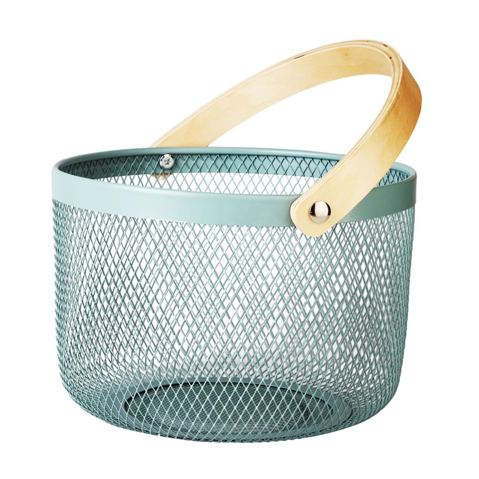 Iron Kitchen Storage Basket with Bamboo Handle for Shopping Entryway Office Gray Blue