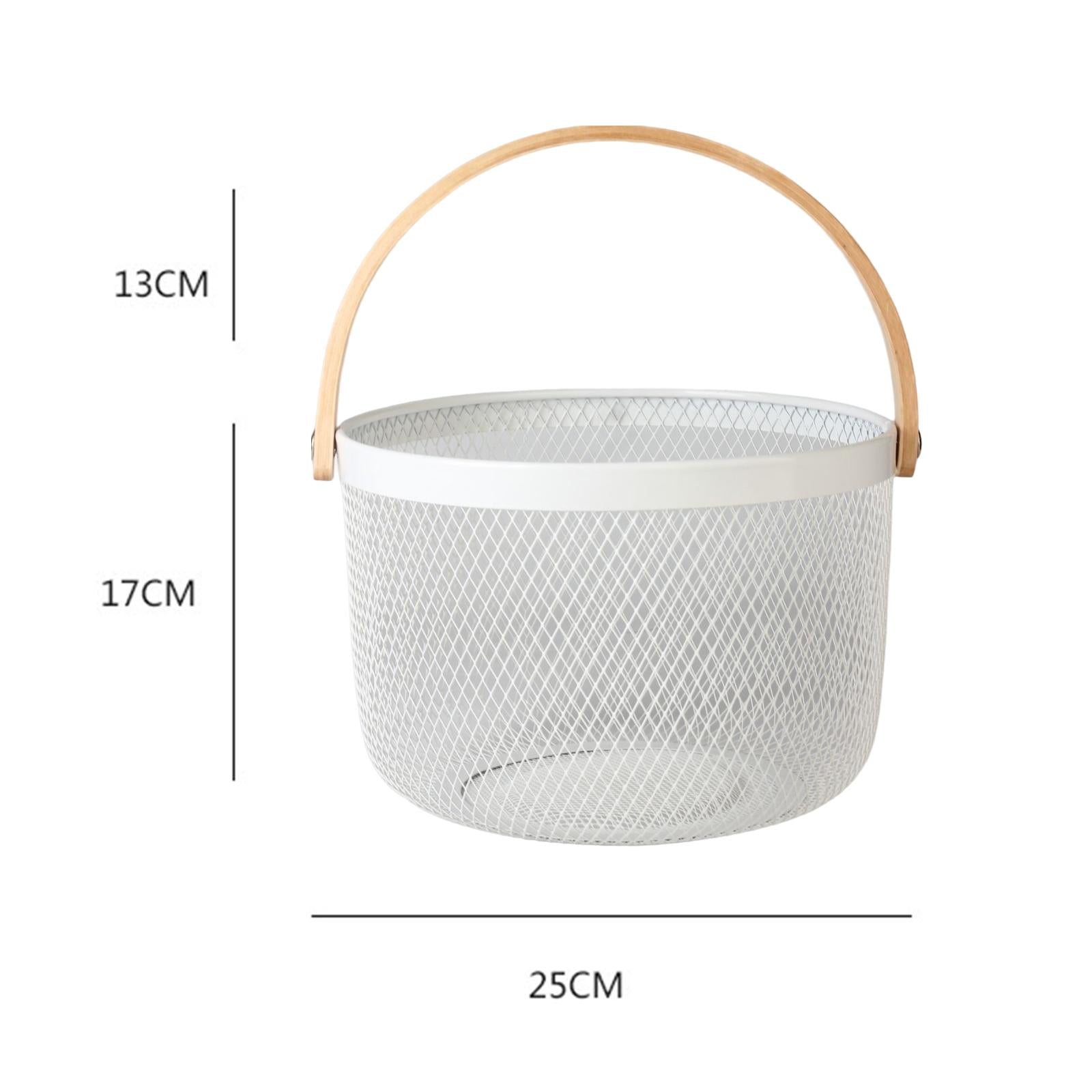 Iron Kitchen Storage Basket with Bamboo Handle for Shopping Entryway Office White