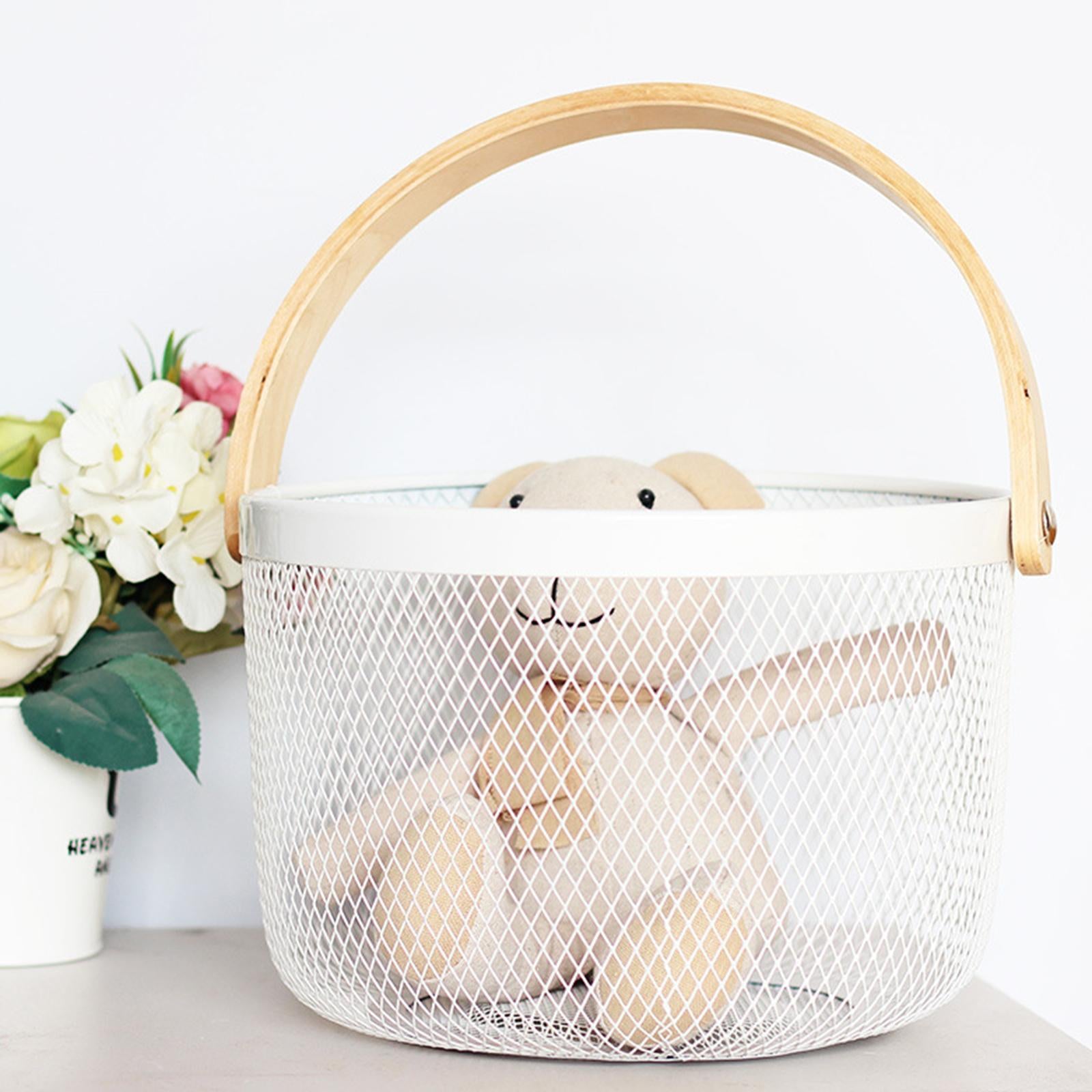 Iron Kitchen Storage Basket with Bamboo Handle for Shopping Entryway Office White