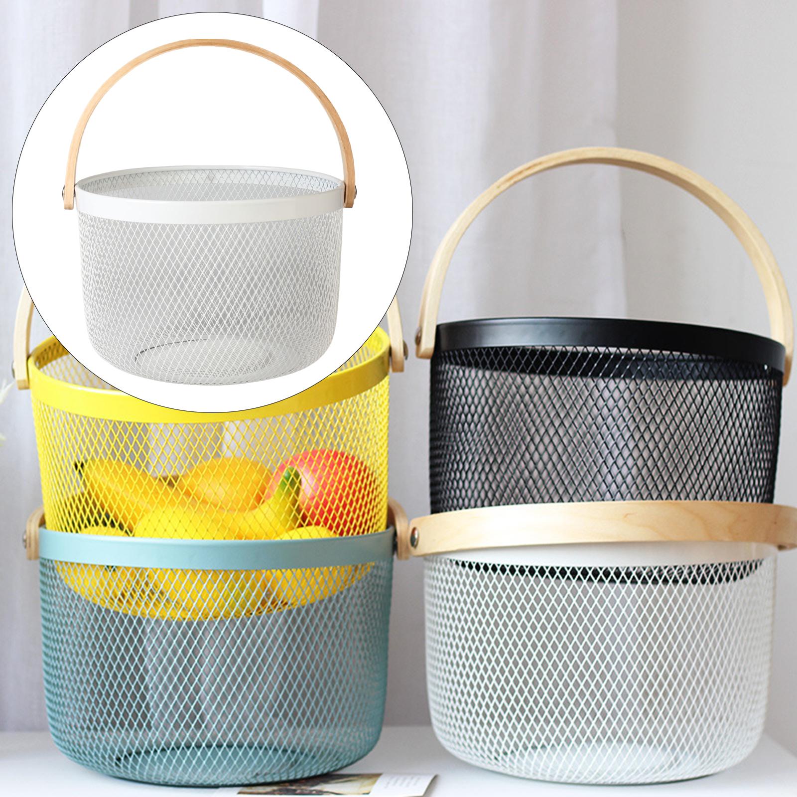 Iron Kitchen Storage Basket with Bamboo Handle for Shopping Entryway Office White