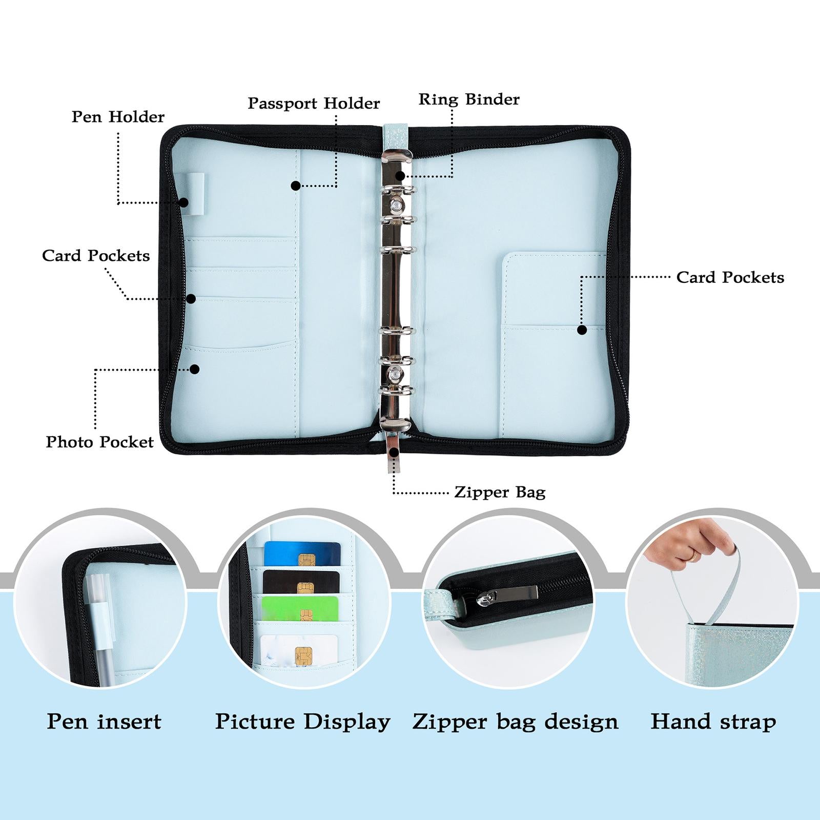 PU Leather A6 Notebook Binder Budget Planner with Pocket Cash Budget blue