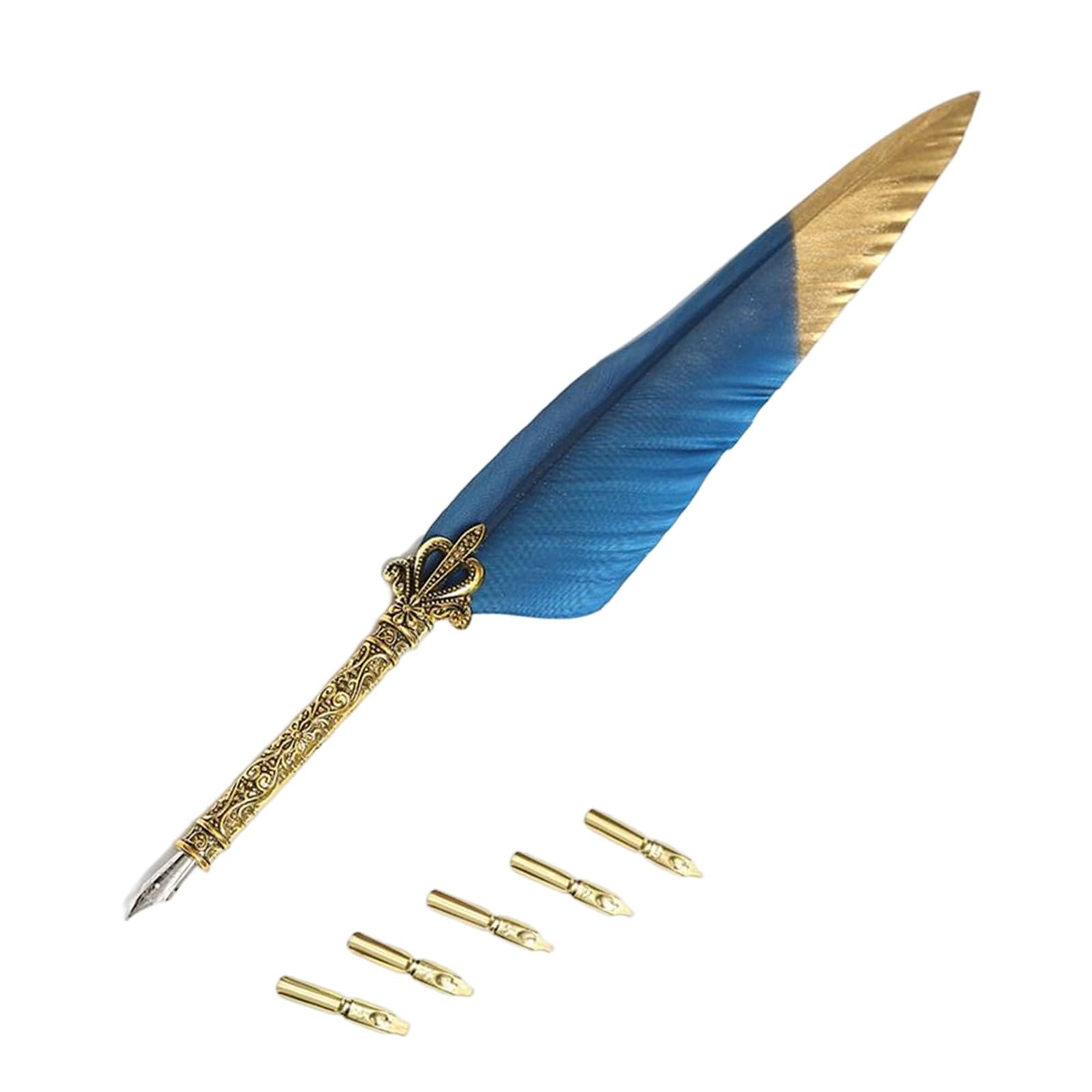Feather ink Pen Engraved Nib Strong and Sturdy for Decoration Birthday Blue