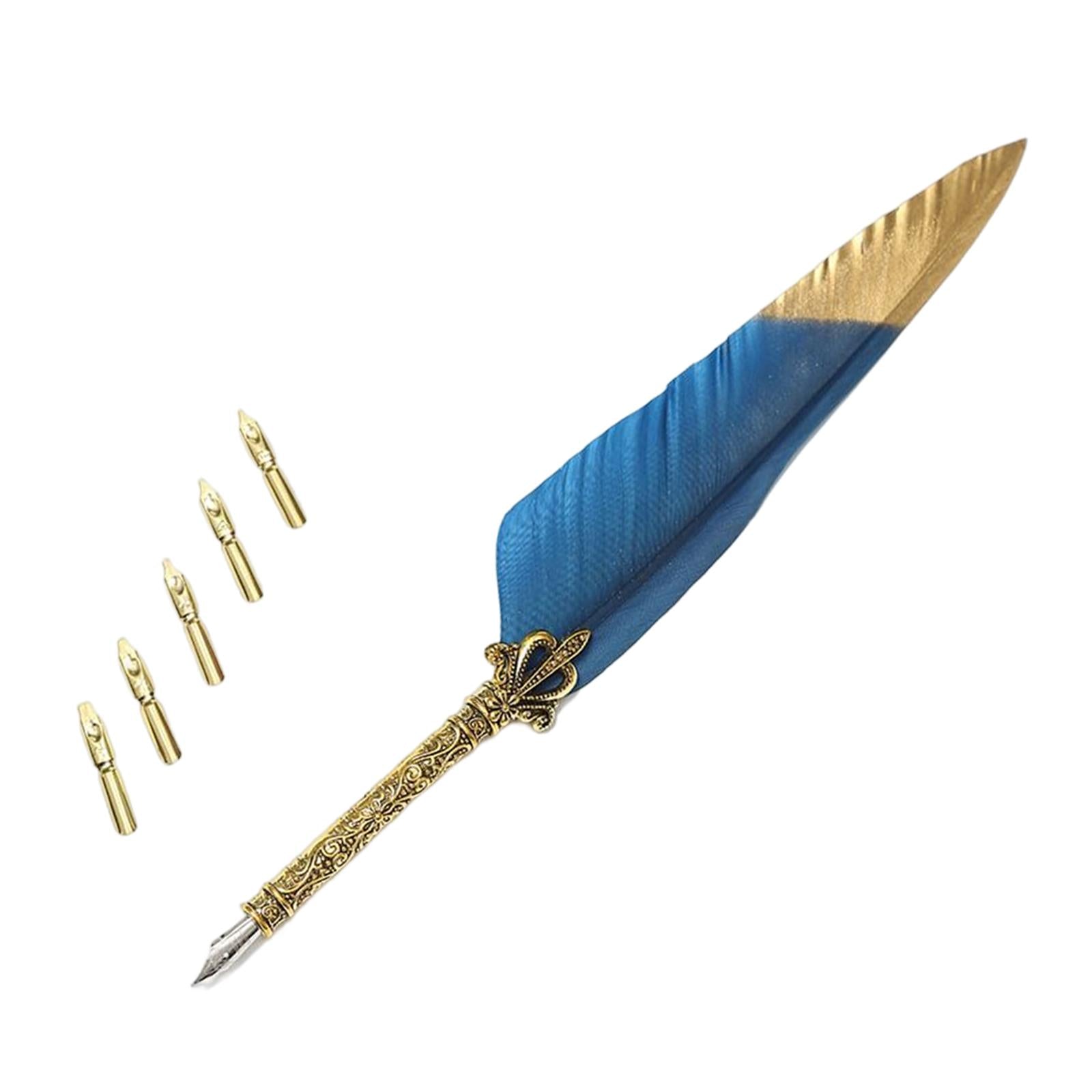 Feather ink Pen Engraved Nib Strong and Sturdy for Decoration Birthday Blue