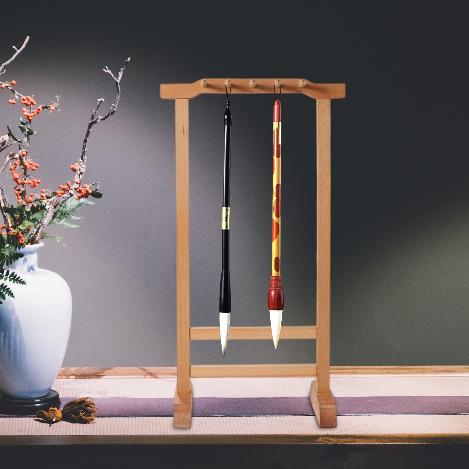 Calligraphy Brush Pen Holder 10 Hook Hanging Retro for Office Holiday Gifts Beech