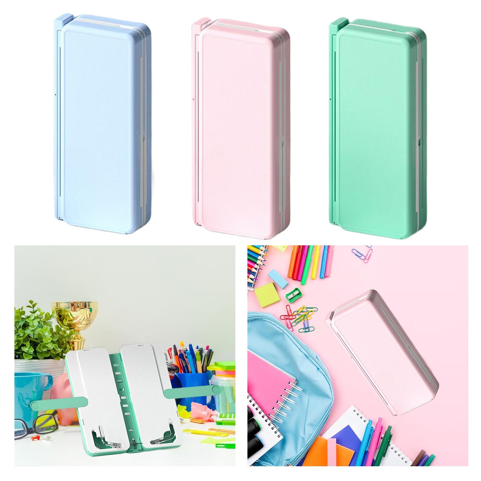 2in1 Book Stand Pencil Box Foldable Page Clips Table Home Textbook Blue