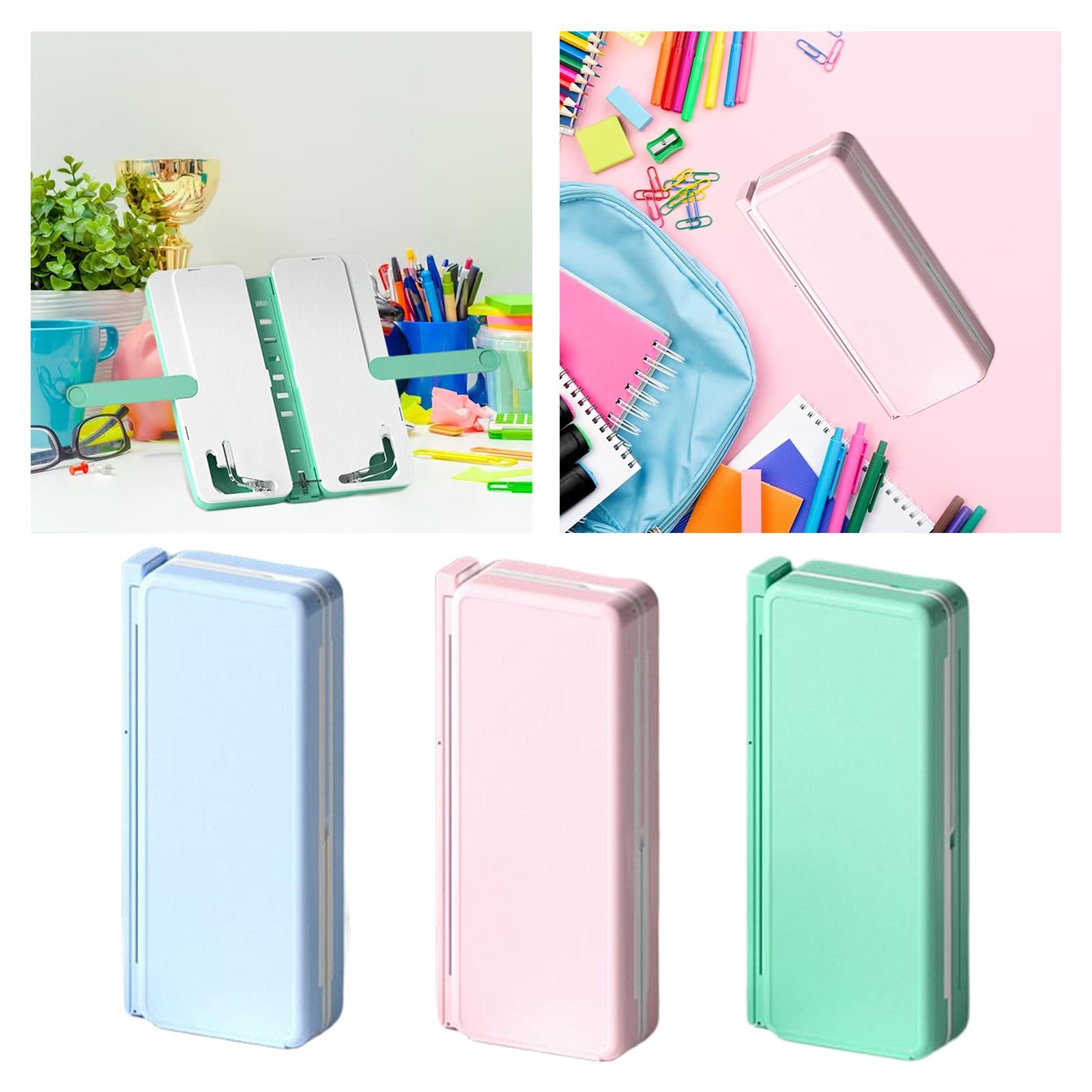 2in1 Book Stand Pencil Box Foldable Page Clips Table Home Textbook Blue