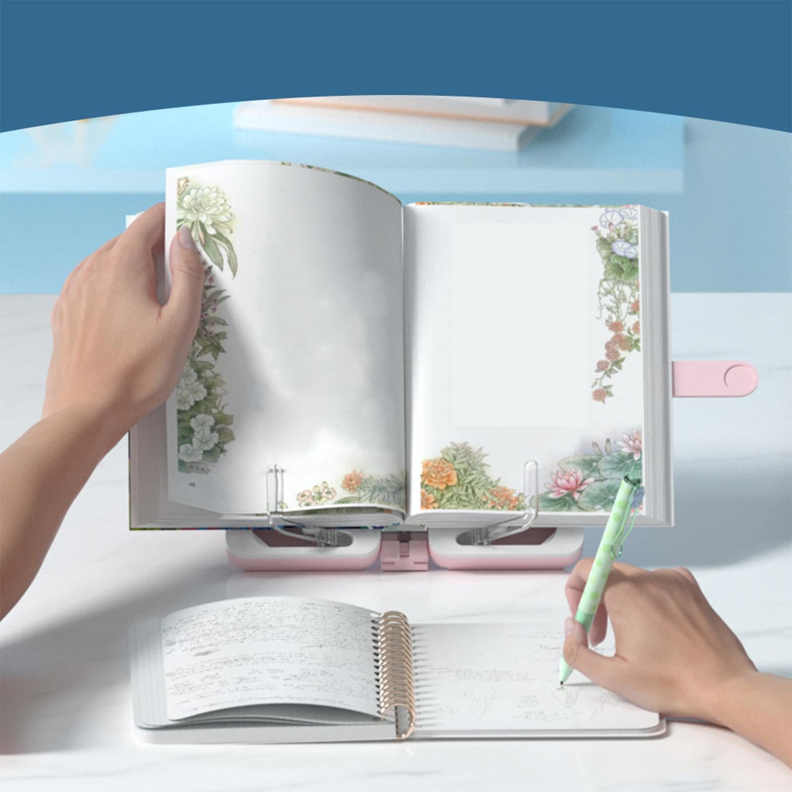 2in1 Book Stand Pencil Box Foldable Page Clips Table Home Textbook Pink