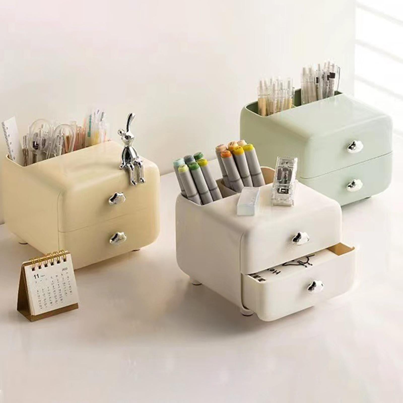 Pen Holder with 2 Drawer Desk Stationery Box for Desktop Office Supplies White